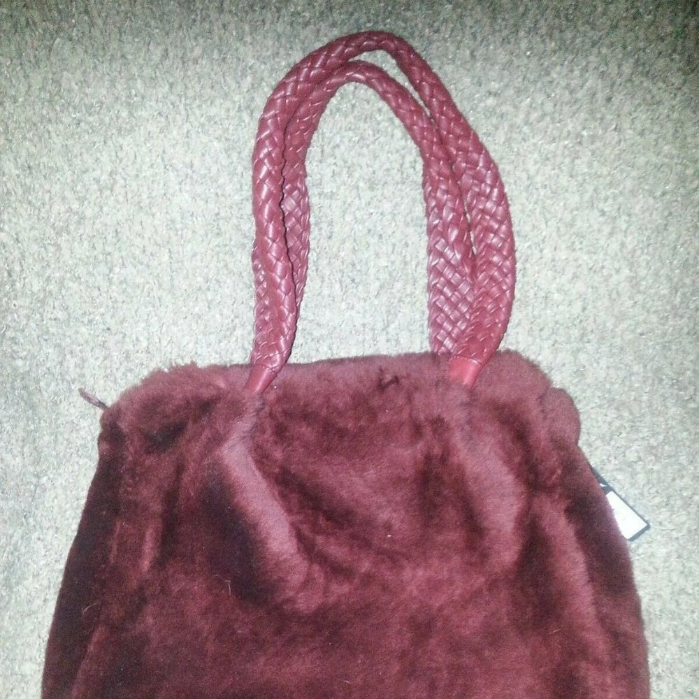 Large FALOR-FALORNI Shearling Tote-Genuine Leather With Lamb Fur. Burgundy. NWT - Picture 3 of 8